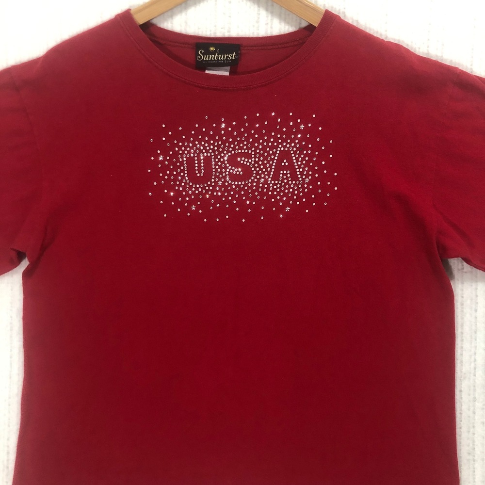 Sunburst USA Rhinestone T-Shirt Patriotic Sparkly Top‎ Red Tee Size Medium
